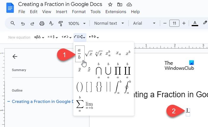 Write fractions using equation editor