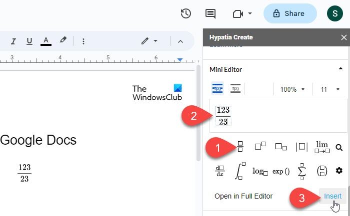 Write fractions using Hypatia create