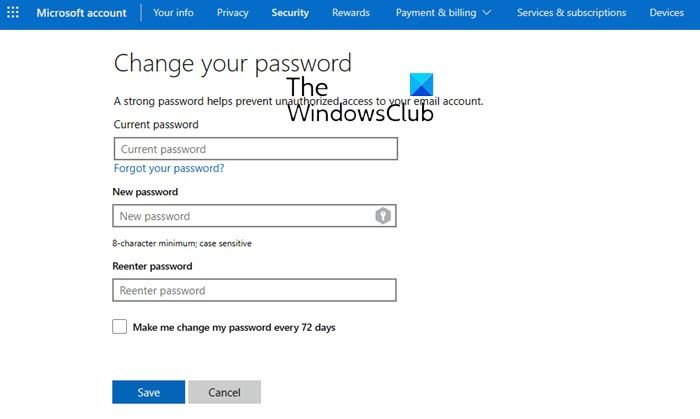 change microsoft account password