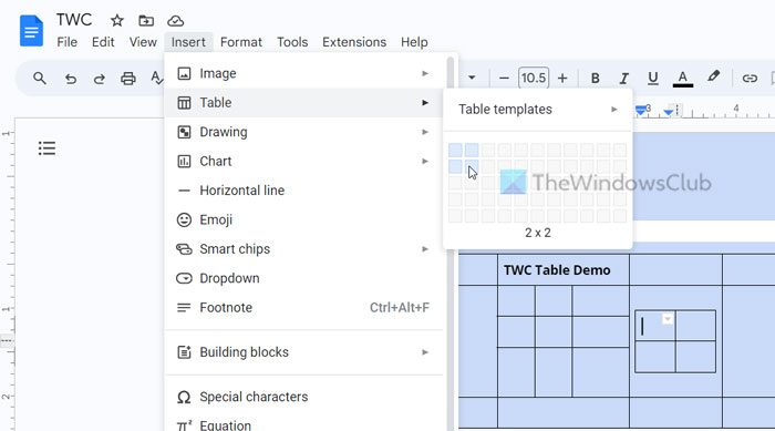 Create a table within a table in Word and Google Docs