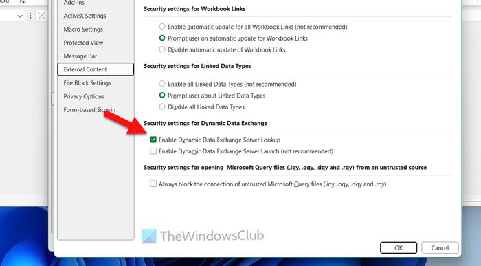 How to turn off Dynamic Data Exchange in Excel