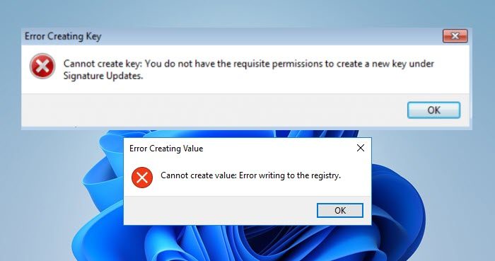 Cannot create value or key, Error writing to the registry