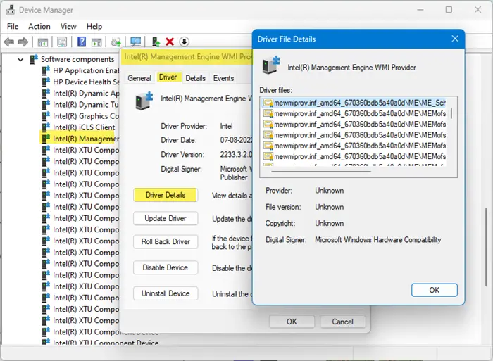 view details of the installed Driver files
