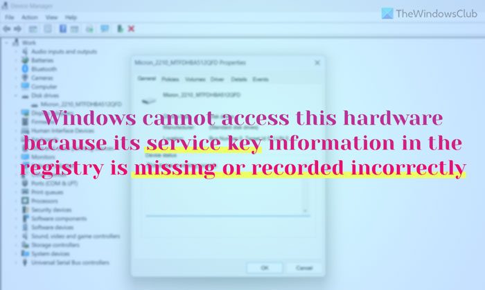 Code 40, Windows cannot access this hardware because its service key information in the registry is missing or recorded incorrectly