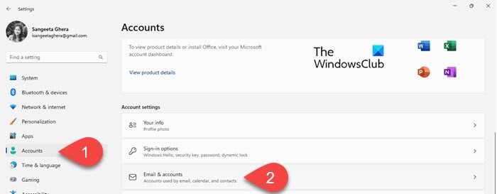 Account settings in Windows
