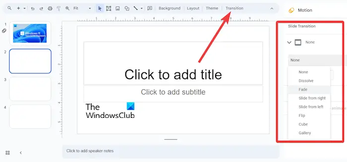 Add transition to slide Google Slides