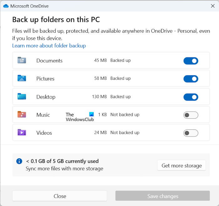 Backup folders sync settings OneDrive