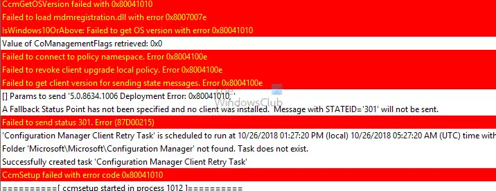 CCMSetup Failed With Error Code 0x80041010