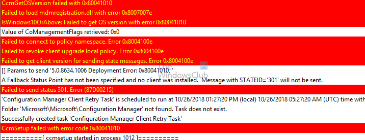 CCMSetup Failed With Error Code 0x80041010