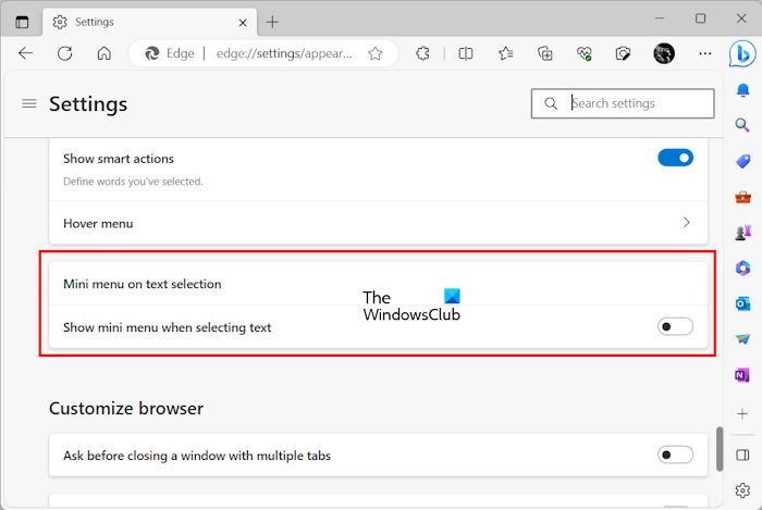 Disable Mini Menu in Edge