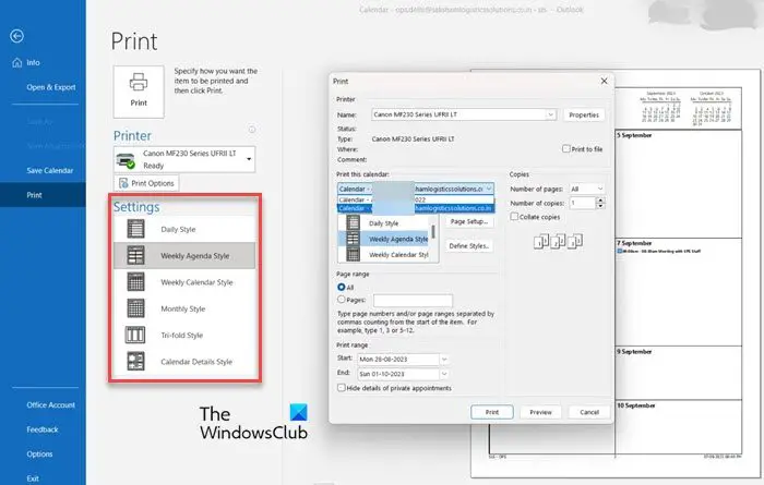 Print options for Outlook calendar