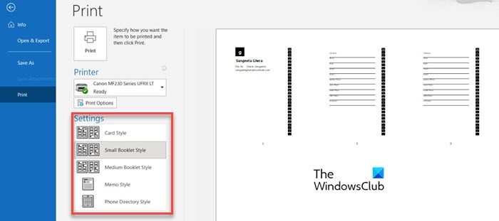 Print options for Outlook contacts