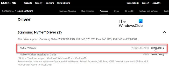 Samsung NVME Driver download page