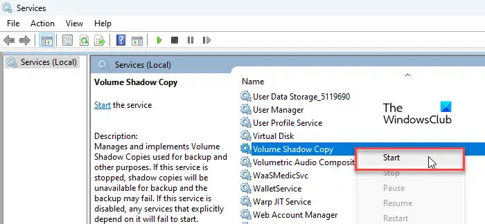 Start Volume Shadow Copy service