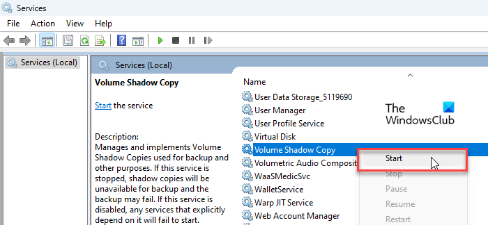 Start Volume Shadow Copy service