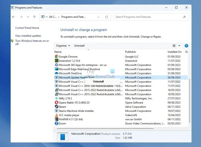 Uninstall Microsoft health Update Windows