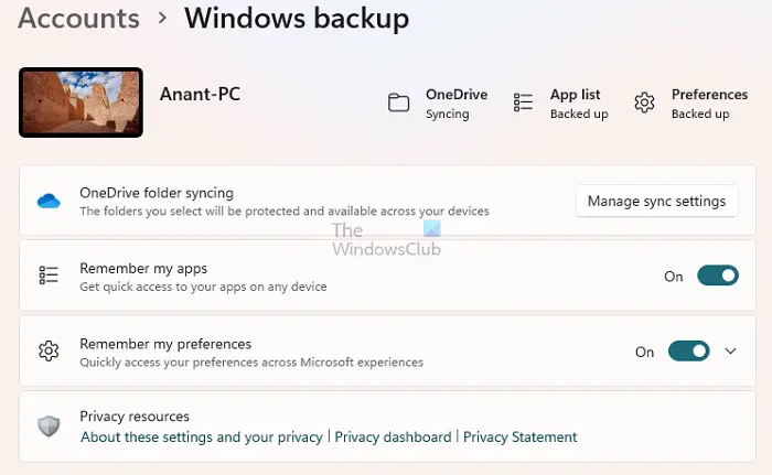 Windows Backup Settings