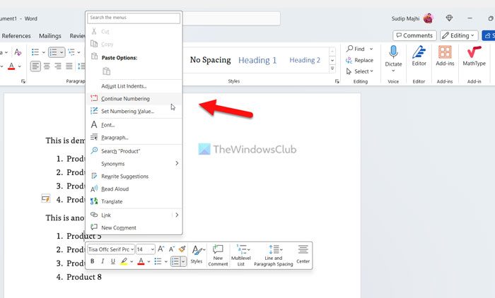 How to continue numbering through two lists in Word