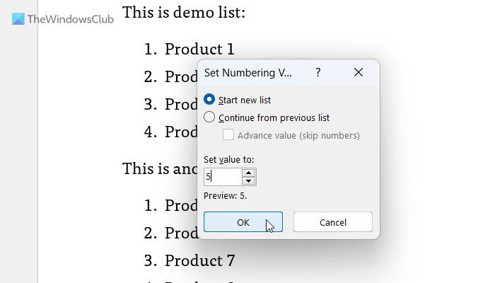 How to continue numbering through two lists in Word