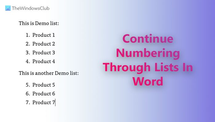 How to continue numbering through two lists in Word
