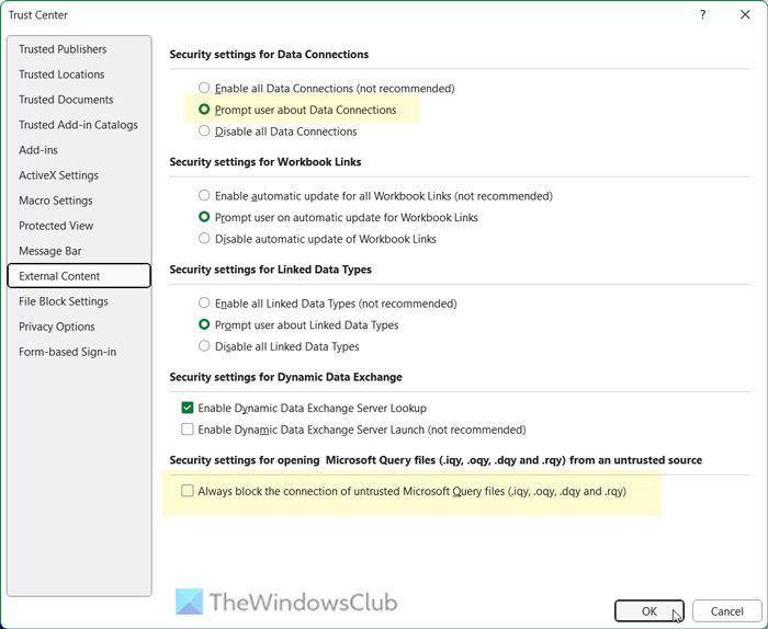 External Data Connections have been disabled in Excel