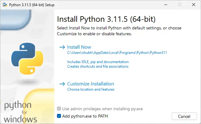 Add Python exe to PATH