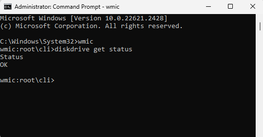使用 WMIC 检查硬盘的运行状况