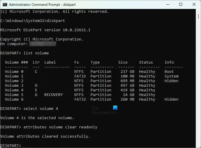 Clear disk partition read-only attributes