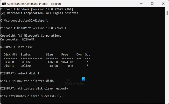 Clear read-only attribute on disk