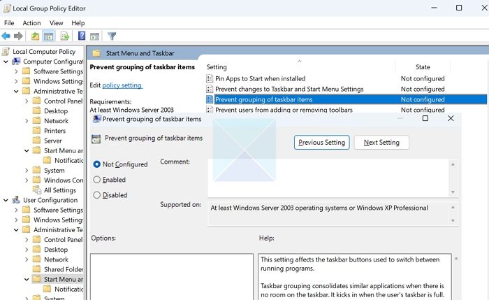 Combine Taskbar Windows Group Policy