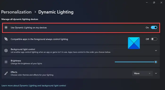 Dynamic Lighting settings