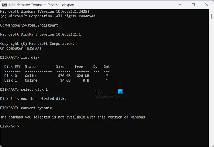 Dynamic disk conversion not supported