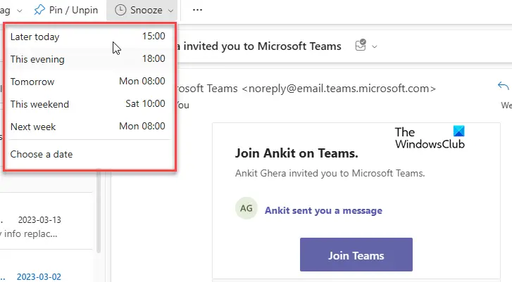 Email snooze feature in Outlook