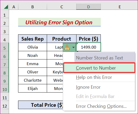 Excel Convert Text to Number