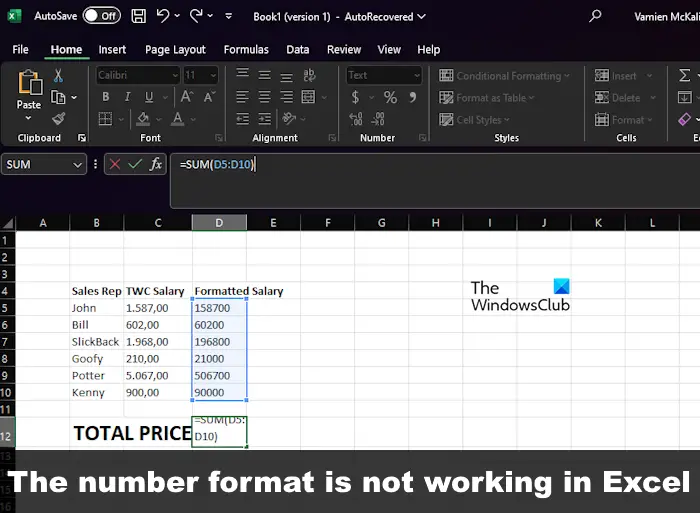 The number format is not working in Excel