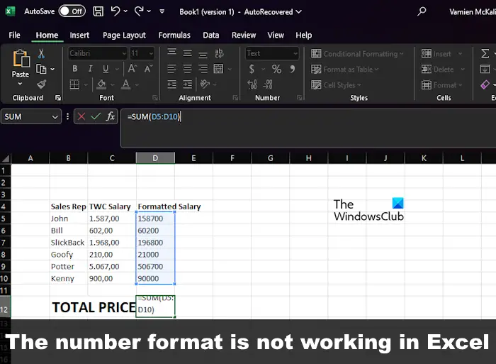 Number formatting not working in Excel