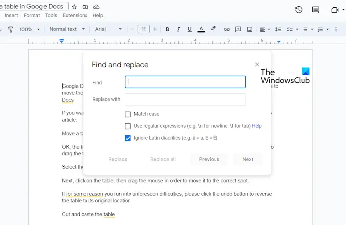 Find and Replace window Google Docs