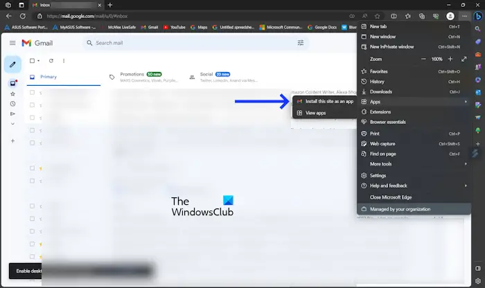 Gmail app on Windows by using Edge