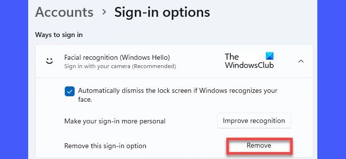 Remove facial recognition Windows 11