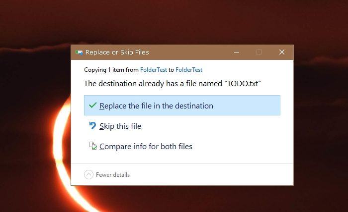 Replace or Skip File Box Not Appearing When Copying Files