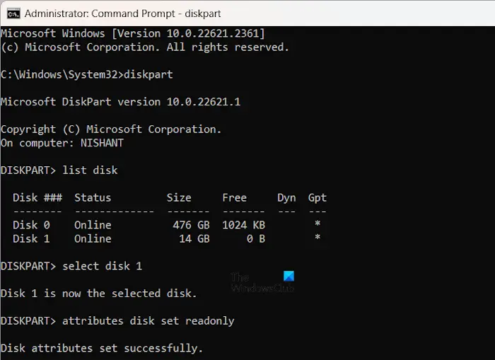 Set read-only attribute to disk