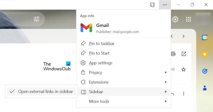 Sidebar in Gmail app for Edge