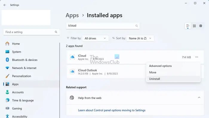 Uninstall iCloud App Windows