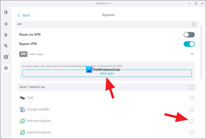 add apps to bypasser on Surfshark