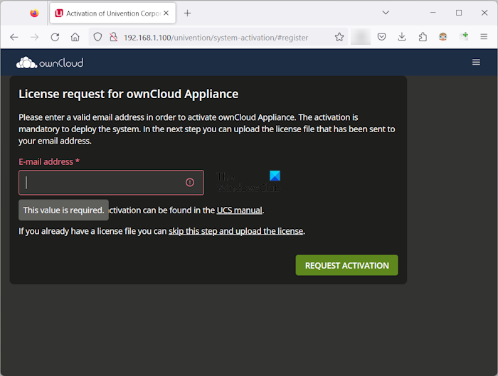 ownCloud Appliance activation screen