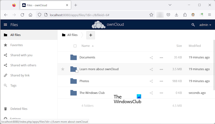 ownCloud server interface