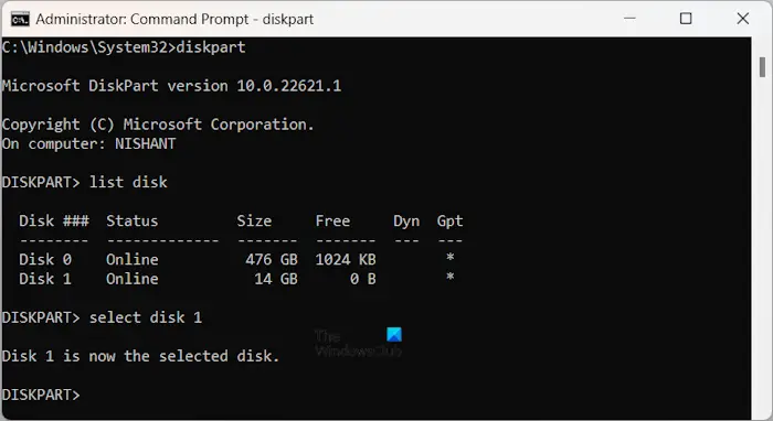 select disk in Diskpart