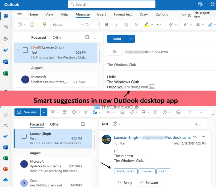 smart suggestions new outlook app