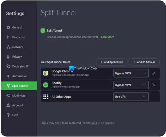 split tunnel apps on PIA