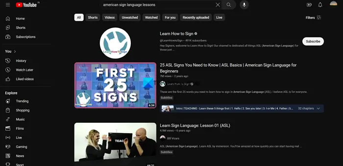 ASL lessons on YouTube